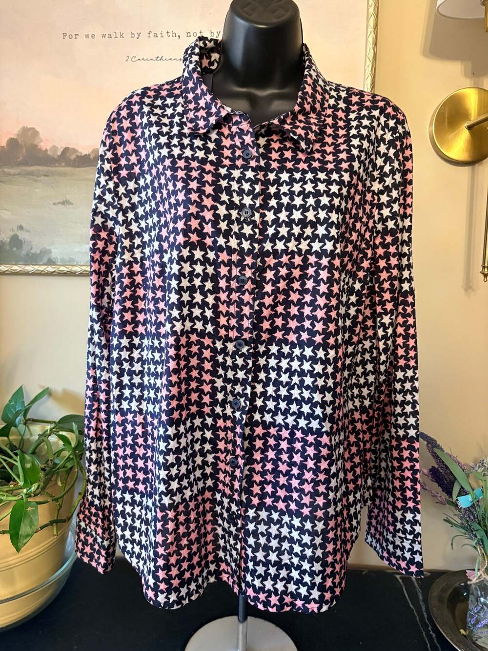 Tommy Hilfiger Women’s XL Star Print Long Sleeve Button Down Blouse NWT